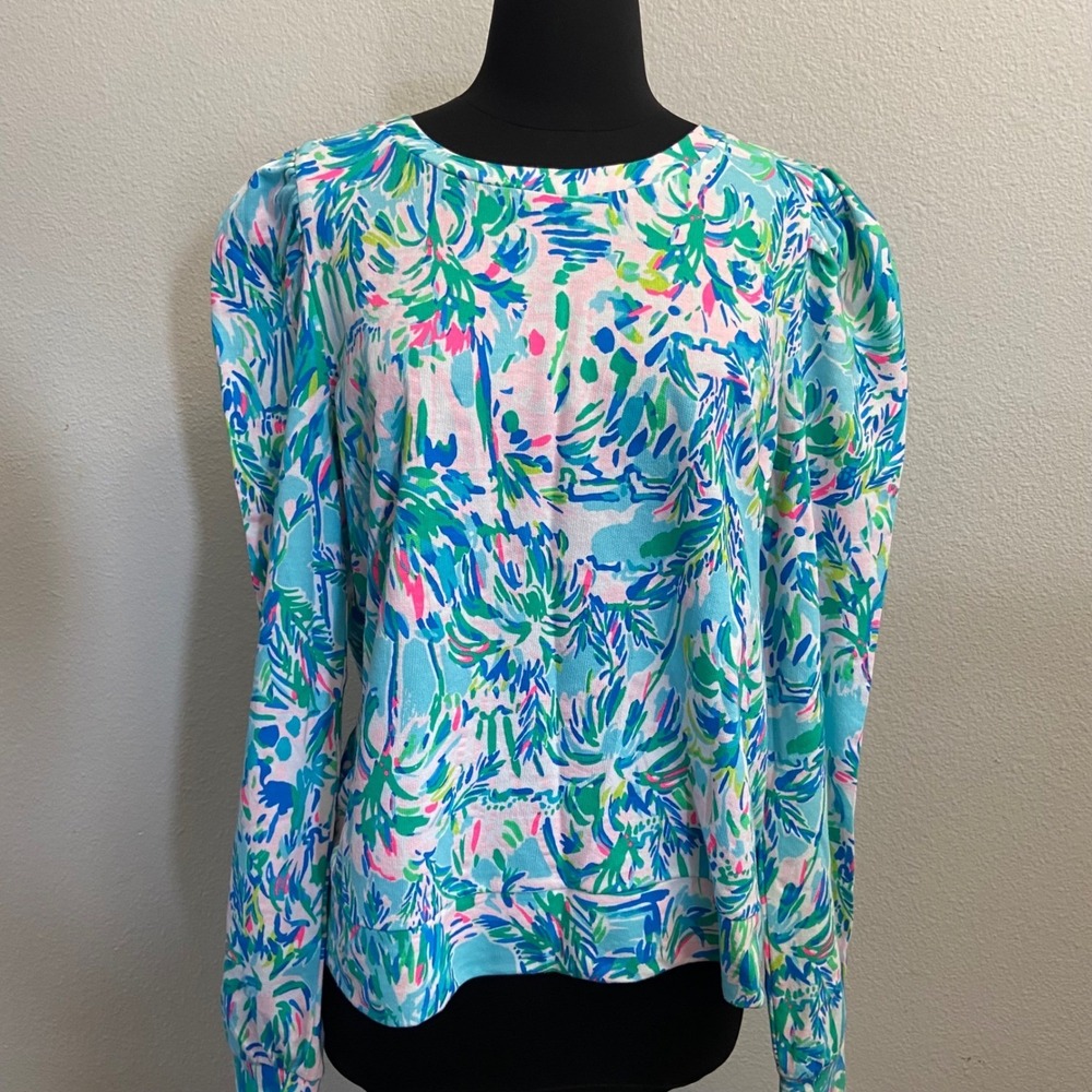Lilly Pulitzer Jansen Long Sleeve Sweatshirt Blue Ibiza Cabana‎ Cocktail XS NEW